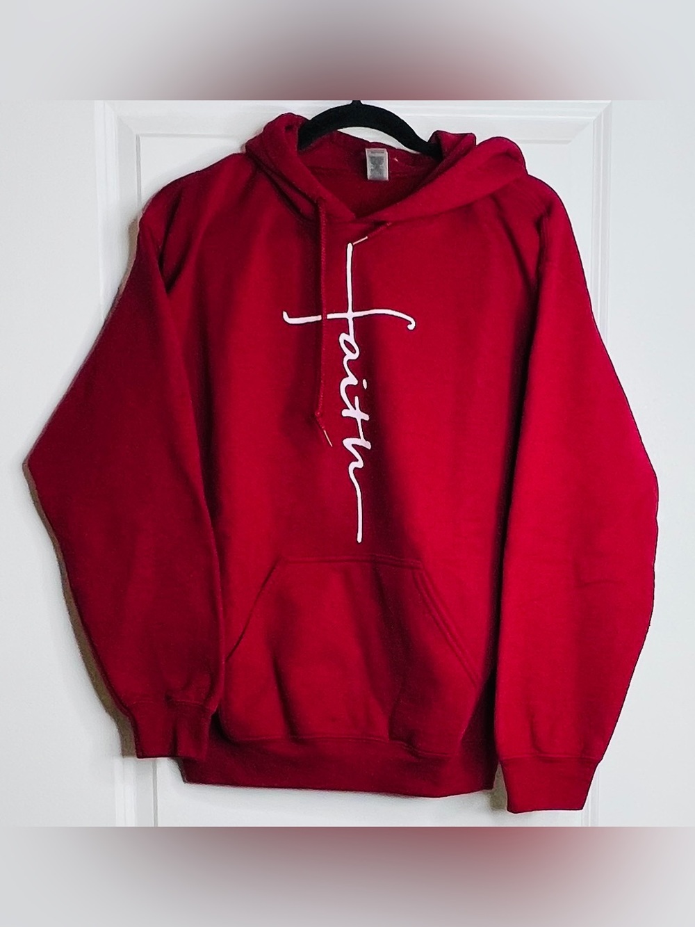 Gildan Faith Cross Hoodie Red Women Medium Sweatshirt Christian Graphic Pullover